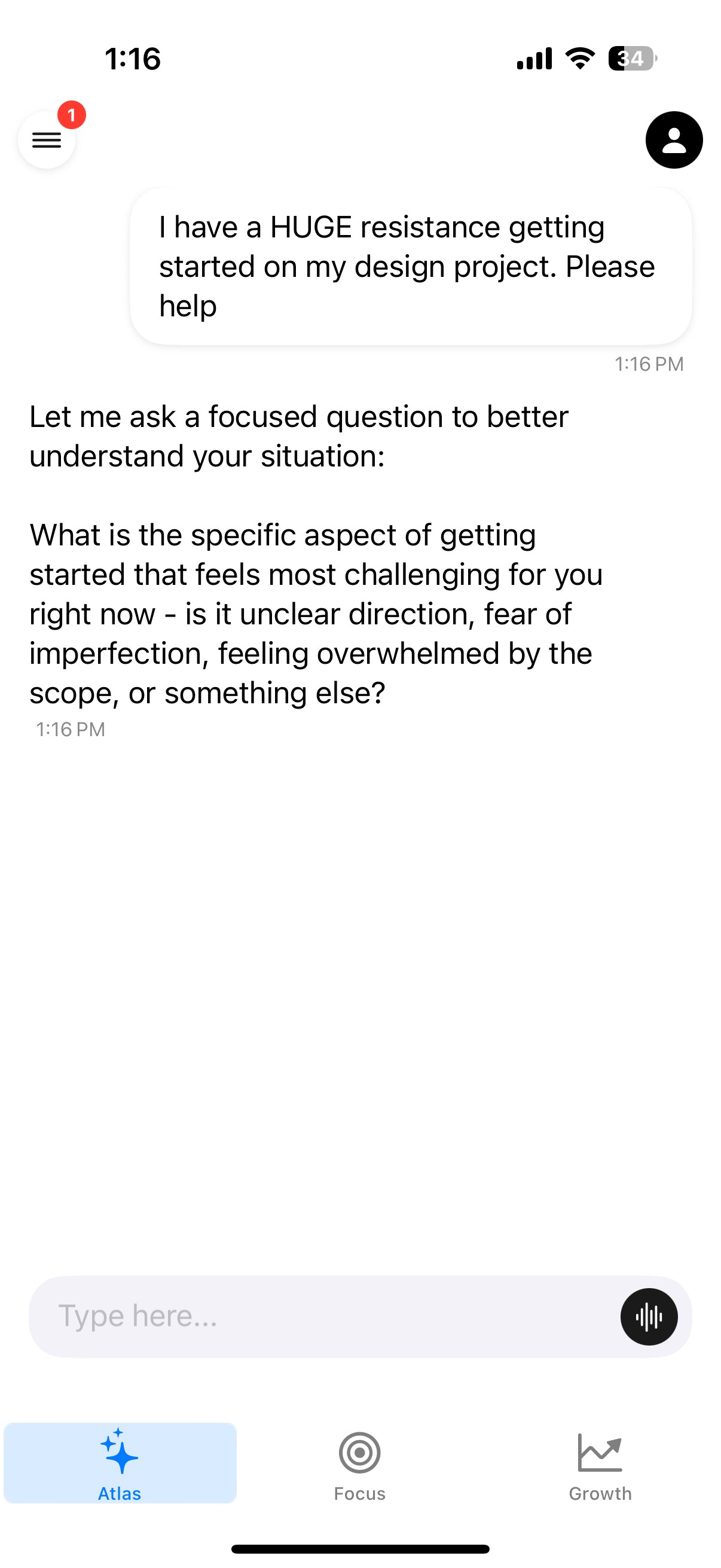 Atlas conversation showing direct, actionable coaching