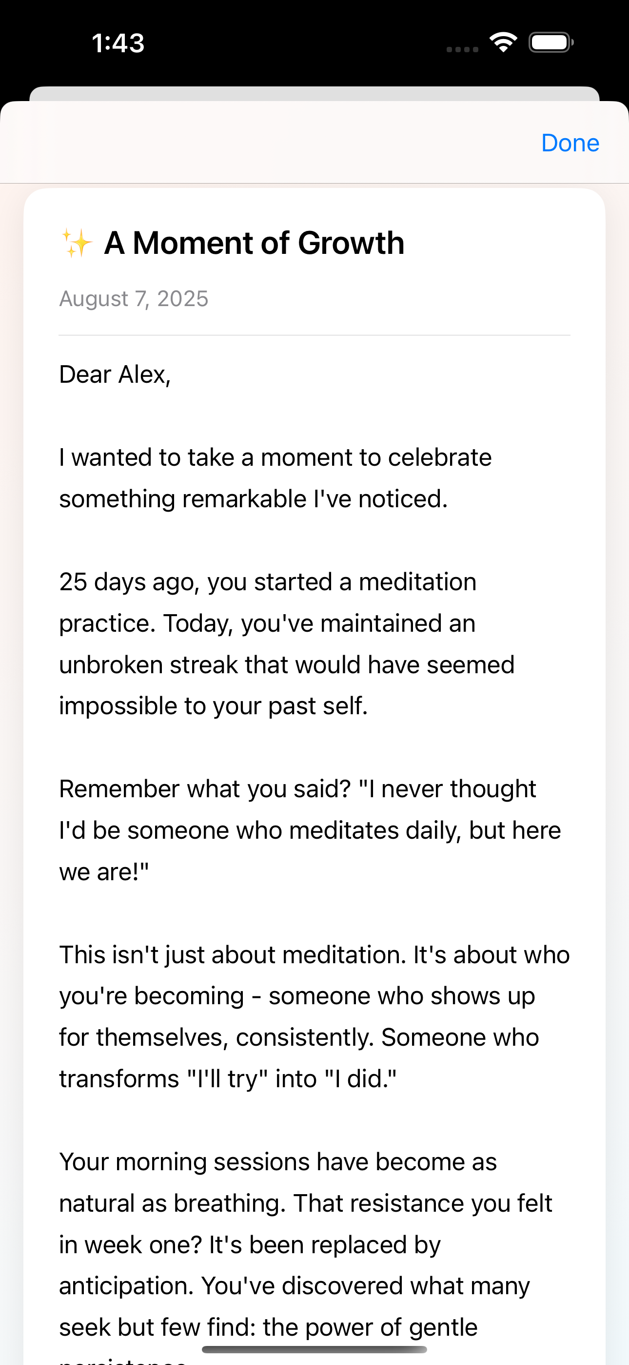 Personalized letter from Atlas celebrating progress